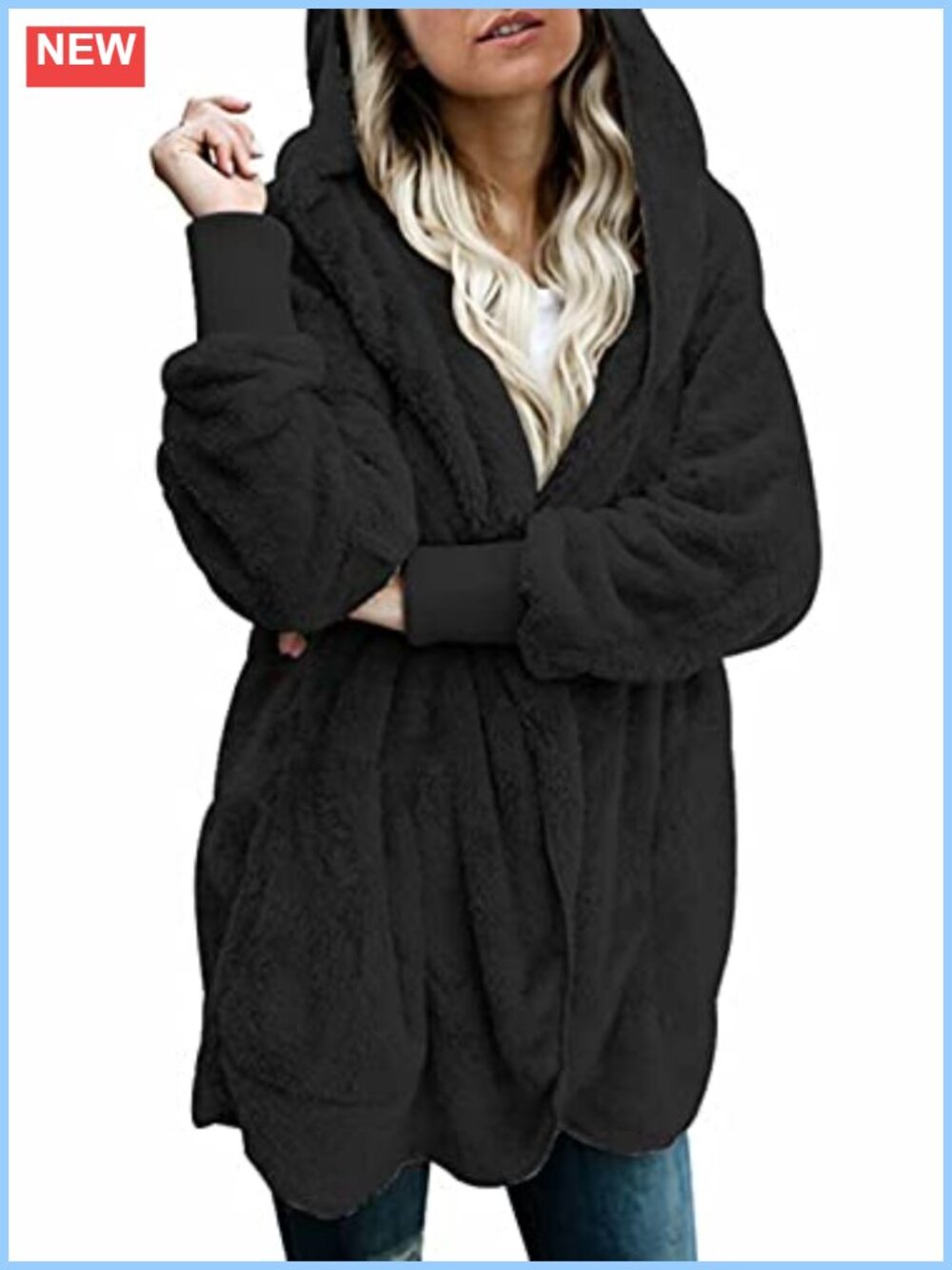 Fuzzy Fleece Open Front Hooded Cardigan Jacket with Pockets